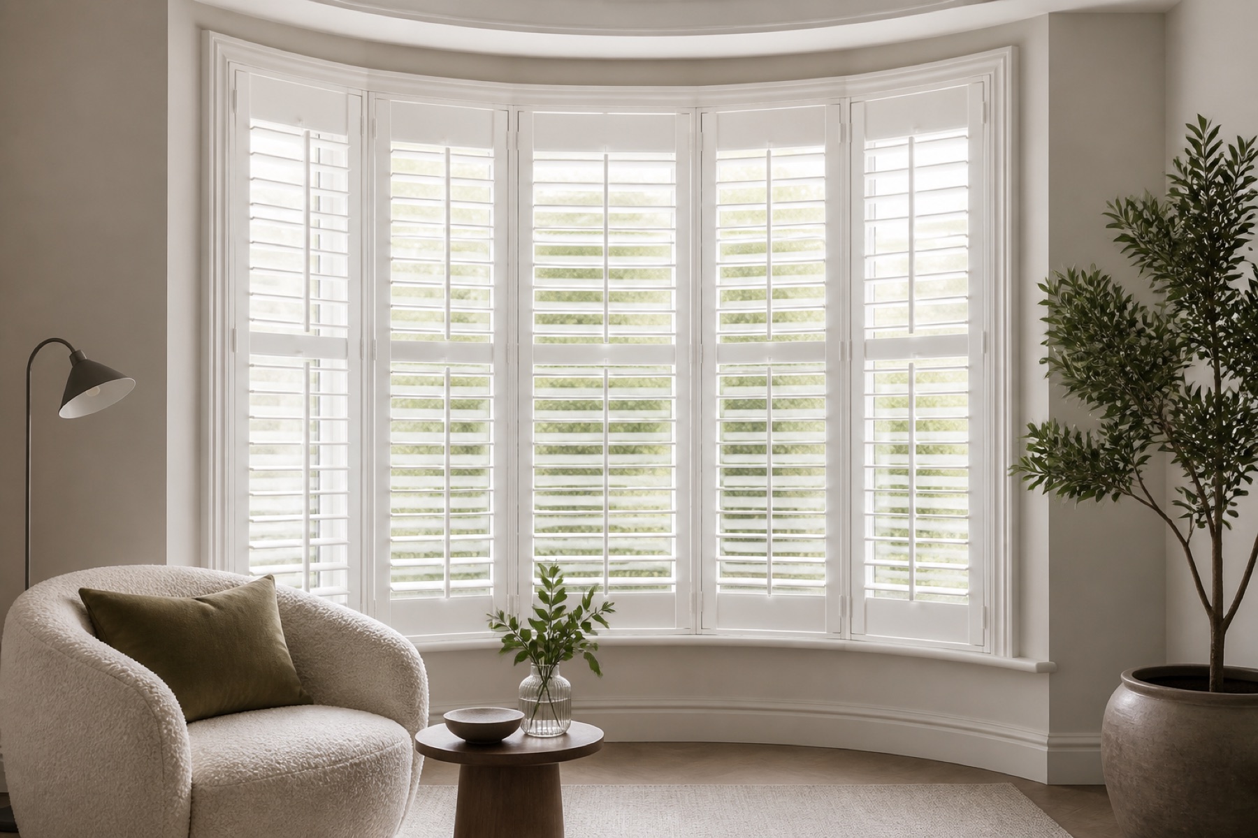 Warm-white plantation shutters fitted precisely around a curved bay window