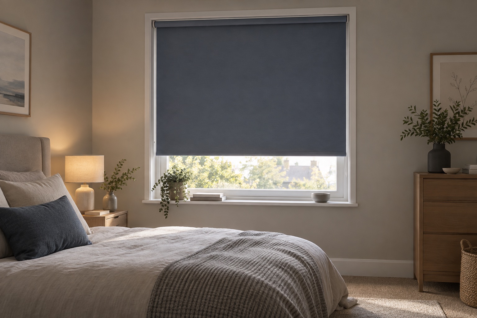 Deep blue-grey dim-out roller blind in a calm bedroom.