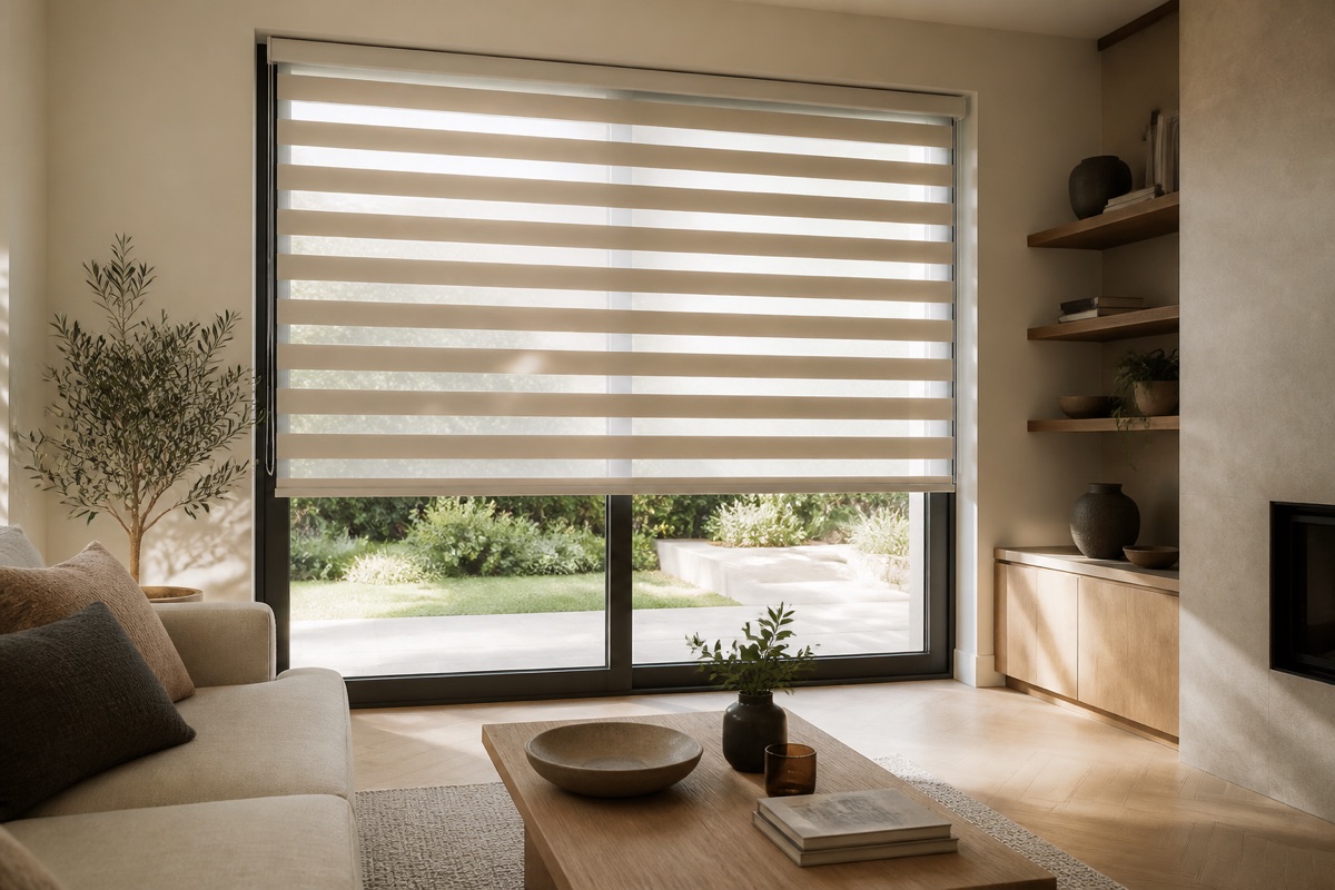 day and night blinds filtering daylight across a contemporary living room window