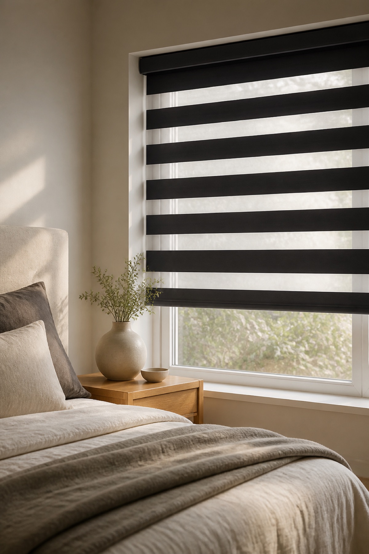 day and night blinds filtering light in a neutral bedroom