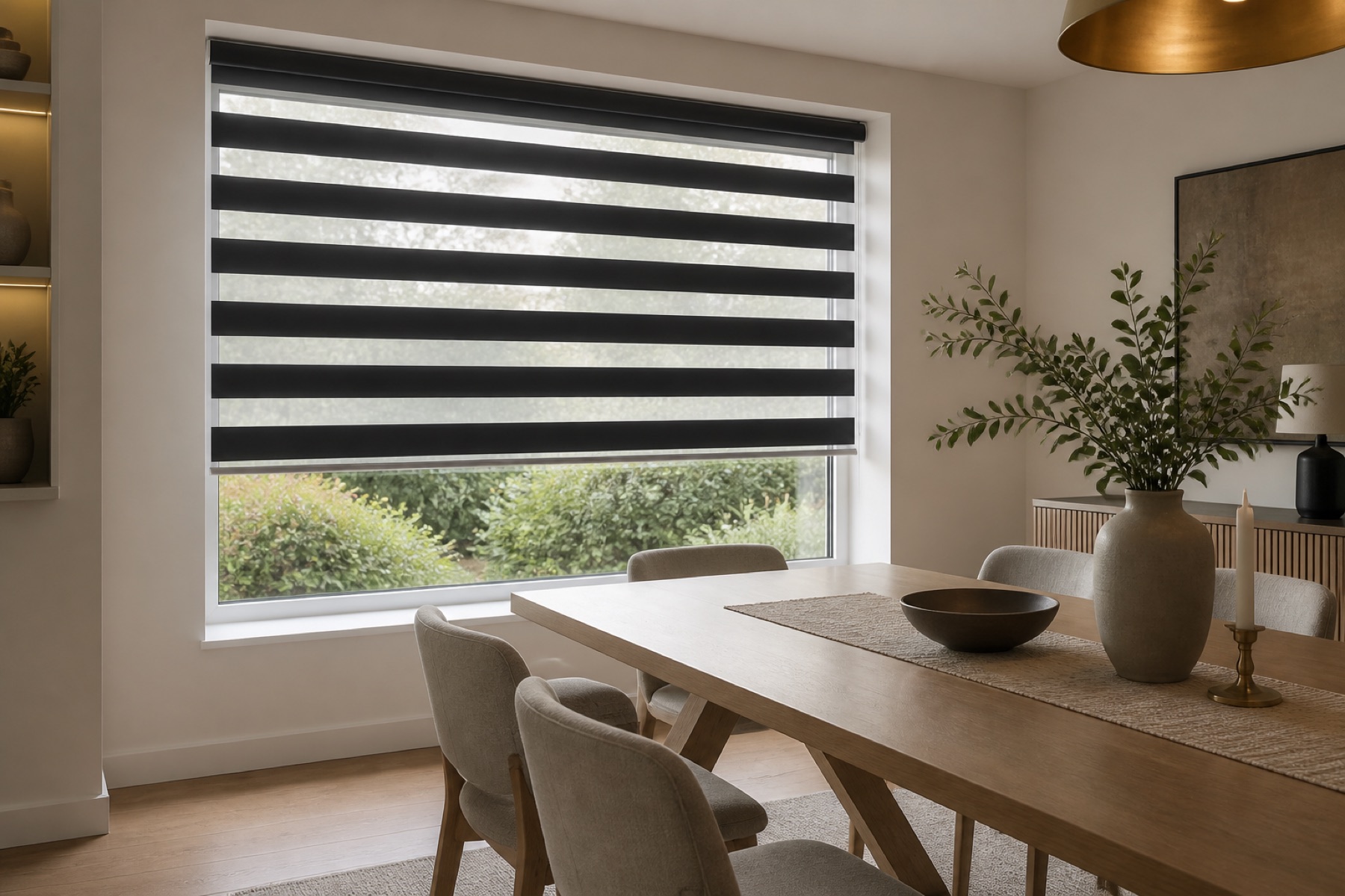 day and night blinds above a contemporary dining area