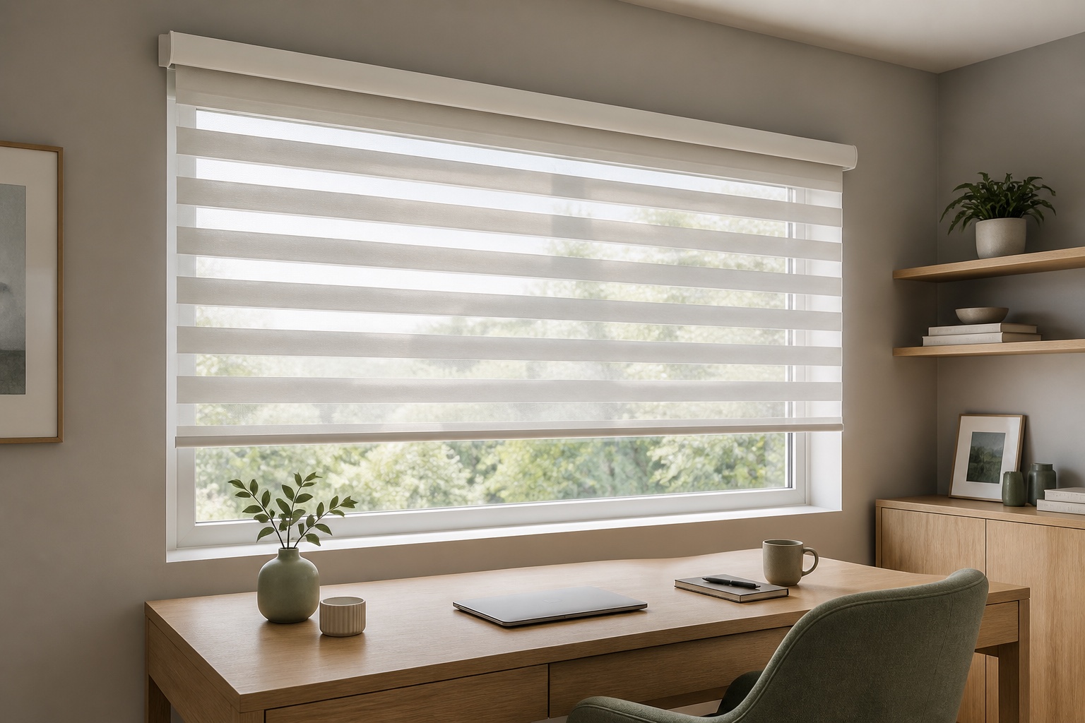 Wide free-hanging day and night blind in a calm home office