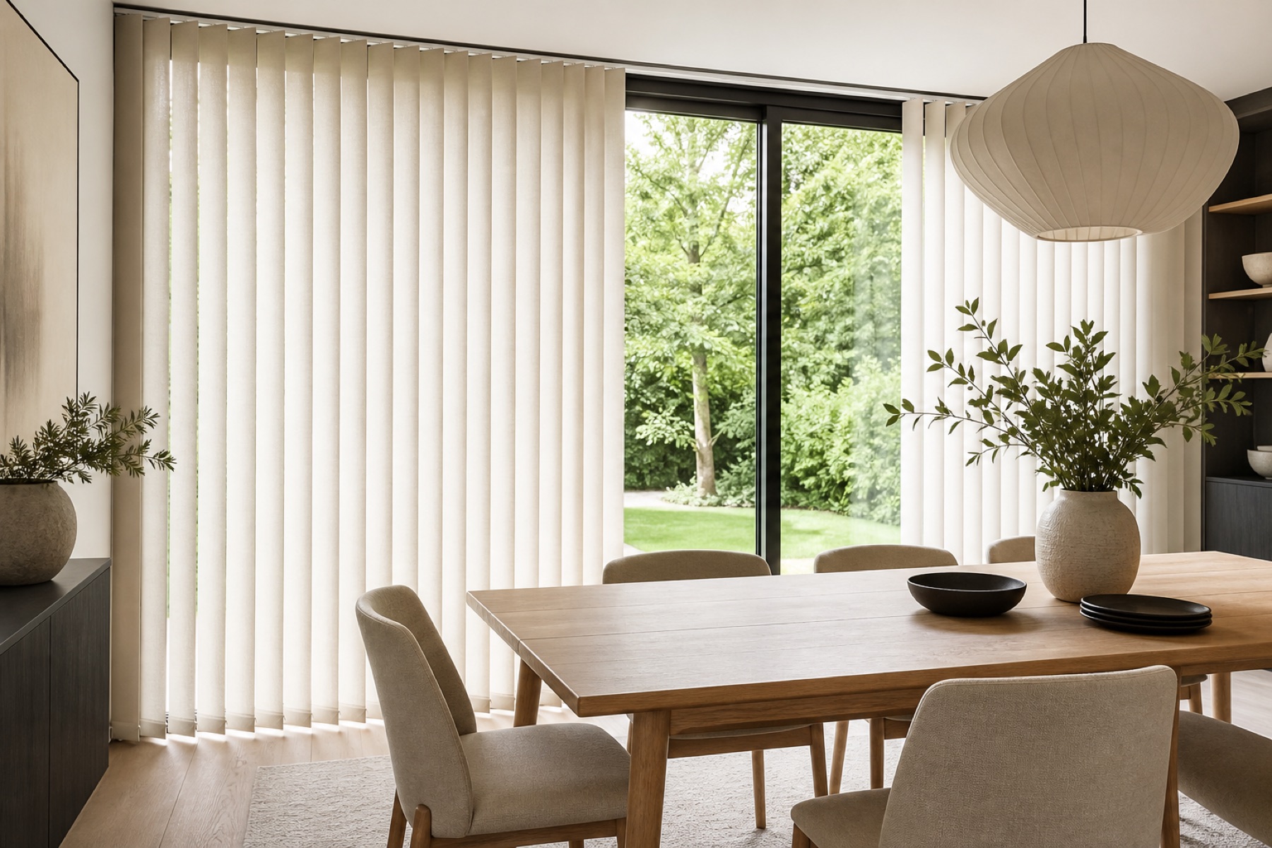 Made-to-measure vertical blinds fitted across a wide dining-room window