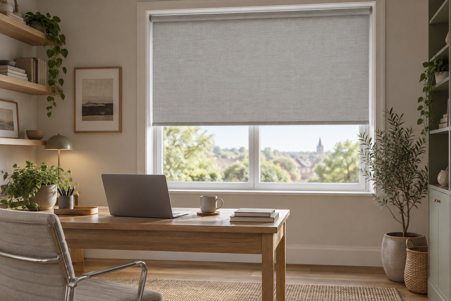 Light-grey roller blind filtering daylight above a home-office desk.