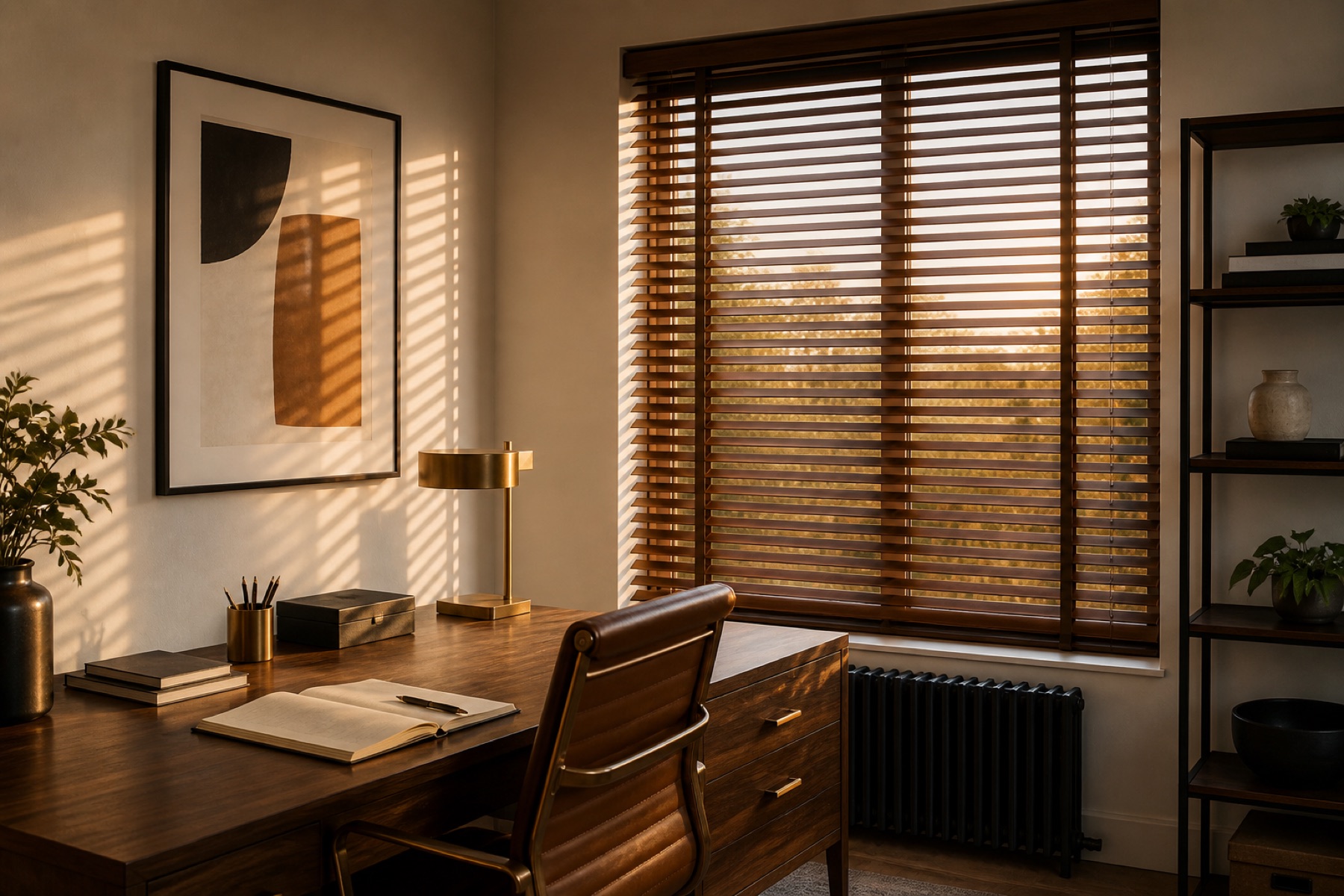 Venetian blinds controlling glare in a home office