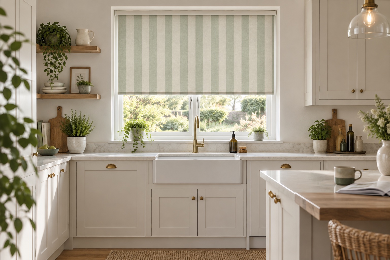 Sage-striped roller blind filtering daylight in a bright kitchen.