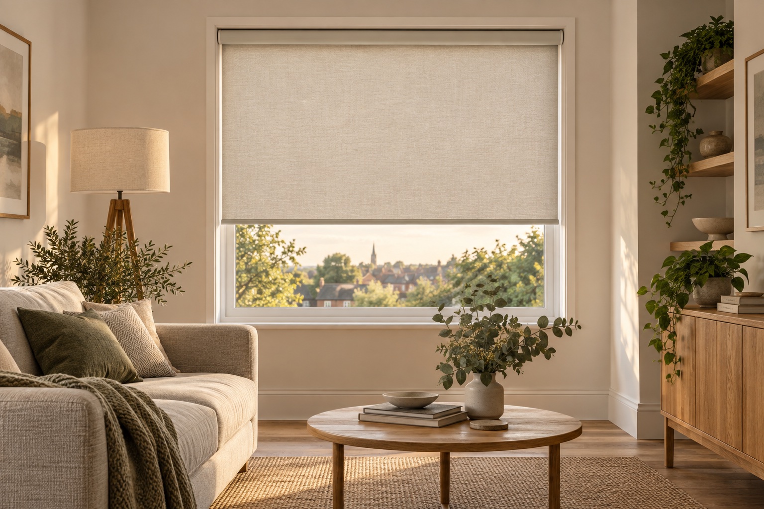 Textured roller blind filtering afternoon sunlight in a contemporary living room.