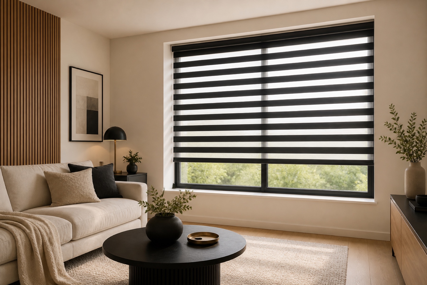 day and night blinds in a contemporary living room