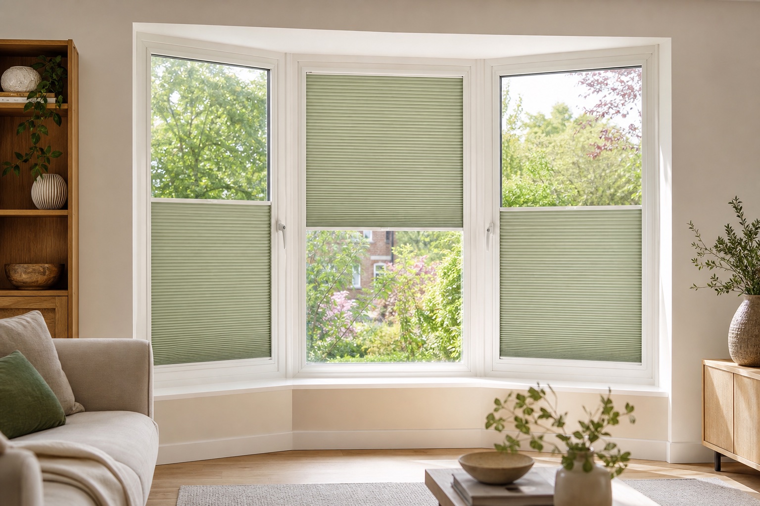 Perfect Fit pleated blinds across a bright bay window