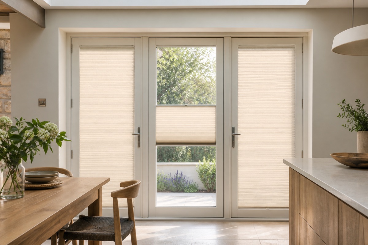 Perfect Fit pleated blinds fitted neatly within glazed French doors