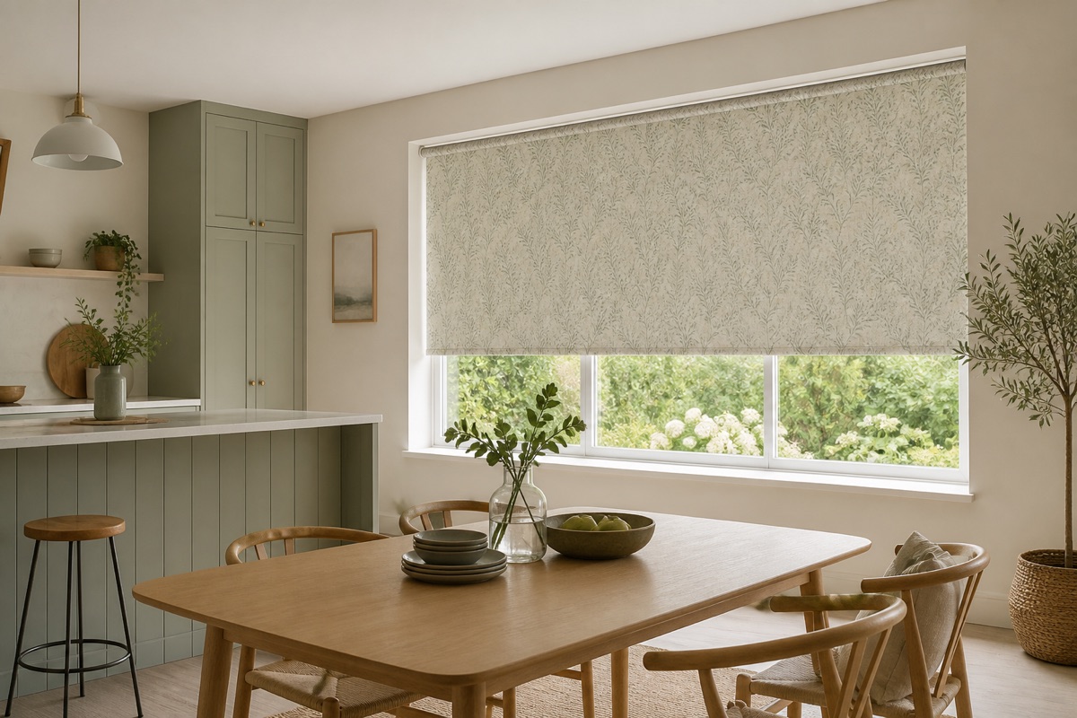 Patterned roller blind shading a bright kitchen and dining room window