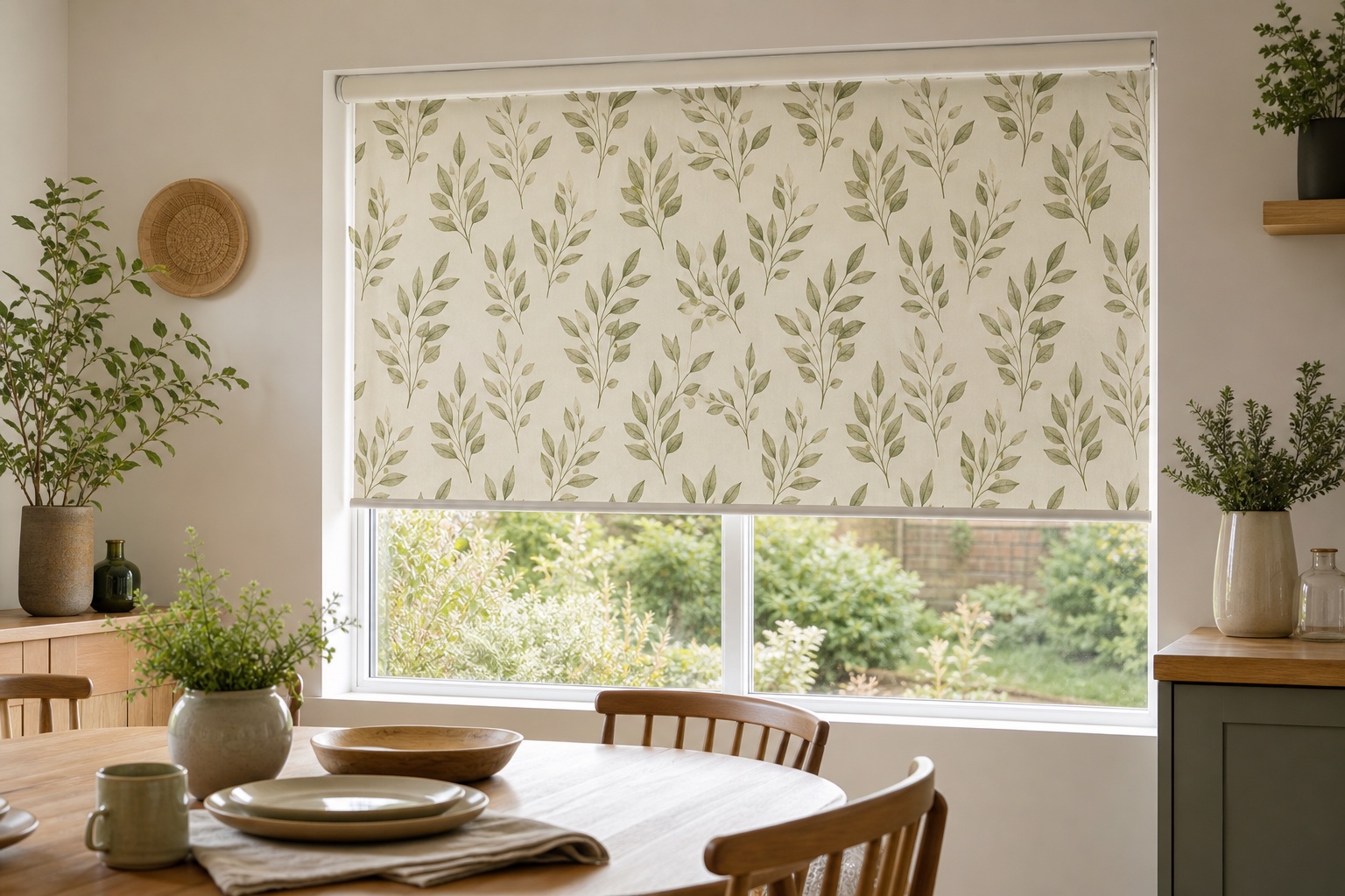 Patterned roller blind in a warm dining room