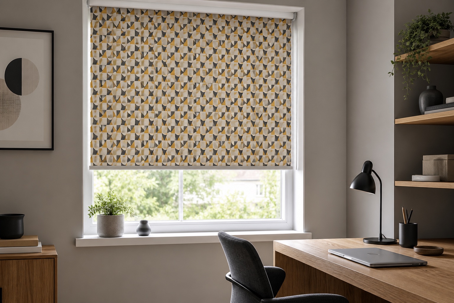 Ochre and charcoal geometric roller blind in a home office