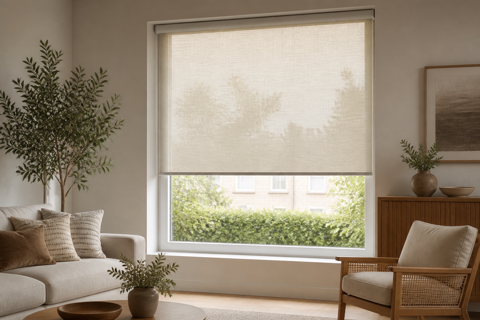 Warm ivory roller blind in a calm living room