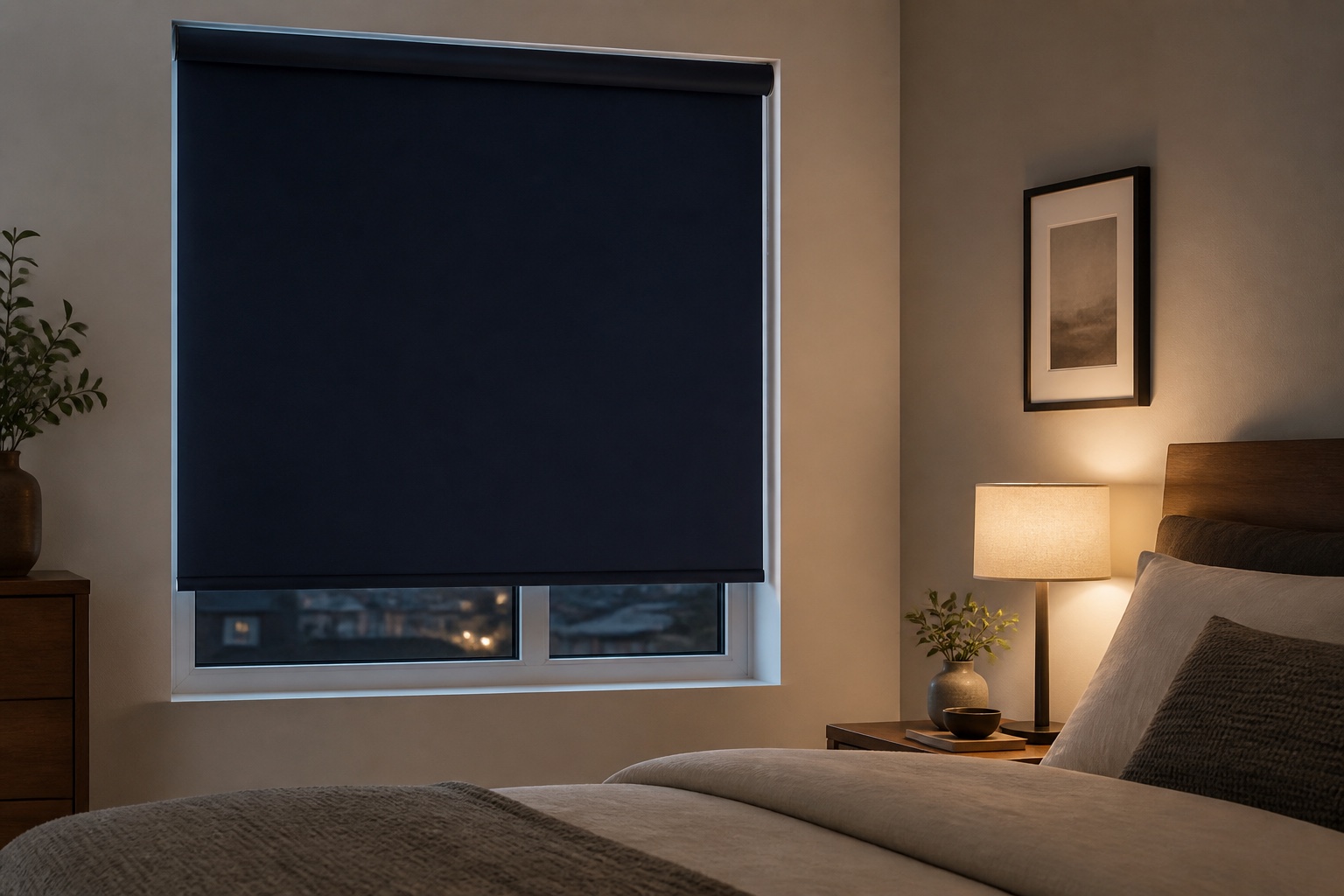 Deep navy dim-out roller blind in a bedroom