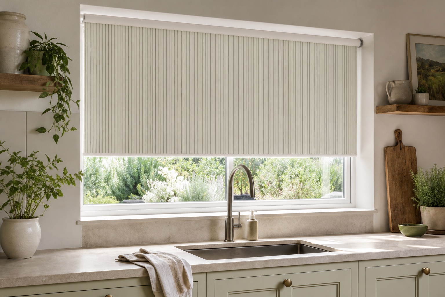 Sage striped roller blind partly lowered in a kitchen
