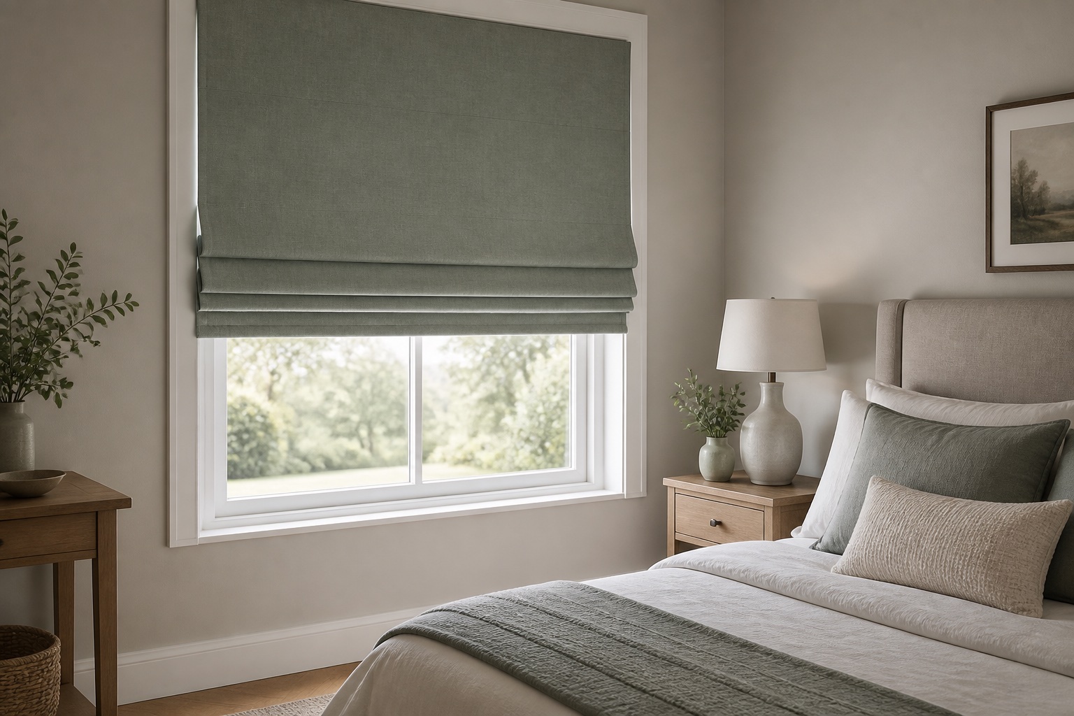 Soft Roman blind fitted in a calm bedroom