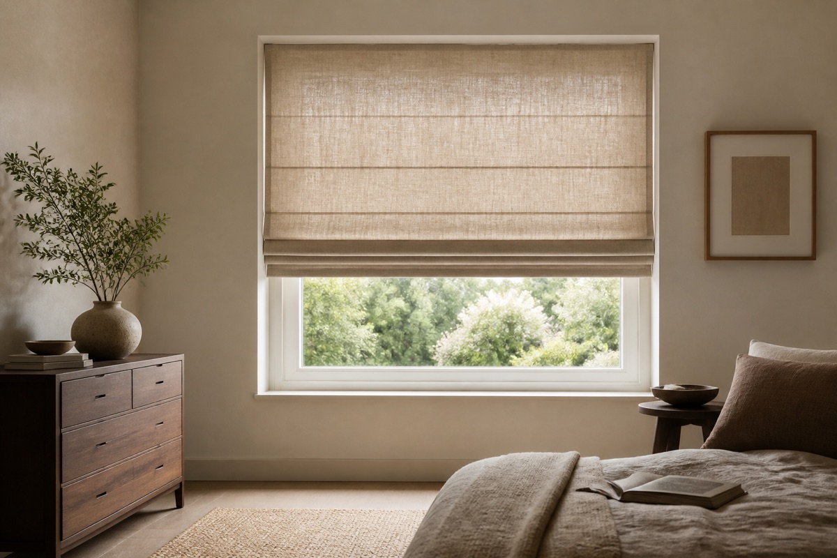 Natural linen Roman blind forming tailored folds in a calm bedroom