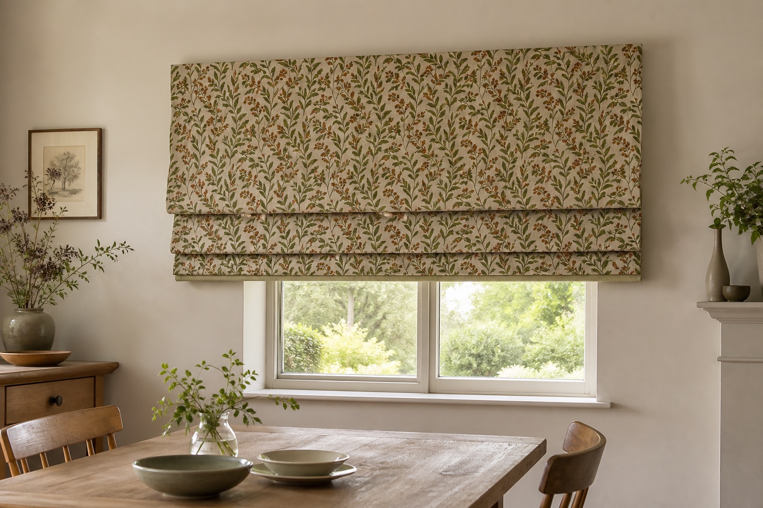 Patterned Roman blind made to fit beyond a dining room window recess