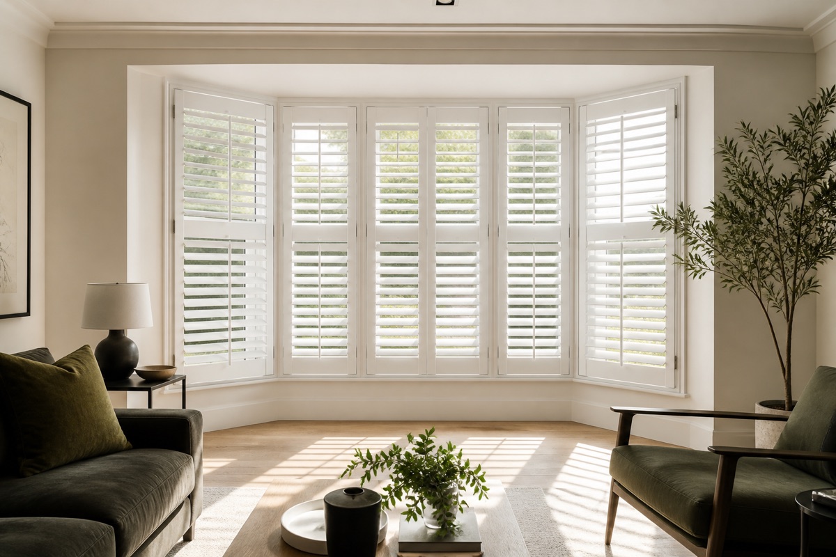 White plantation shutters fitted precisely across a wide bay window