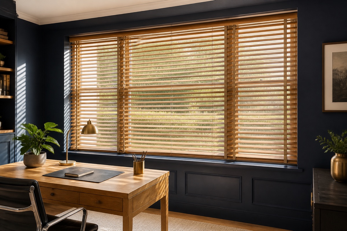 Timber Venetian blinds directing warm daylight into a home office