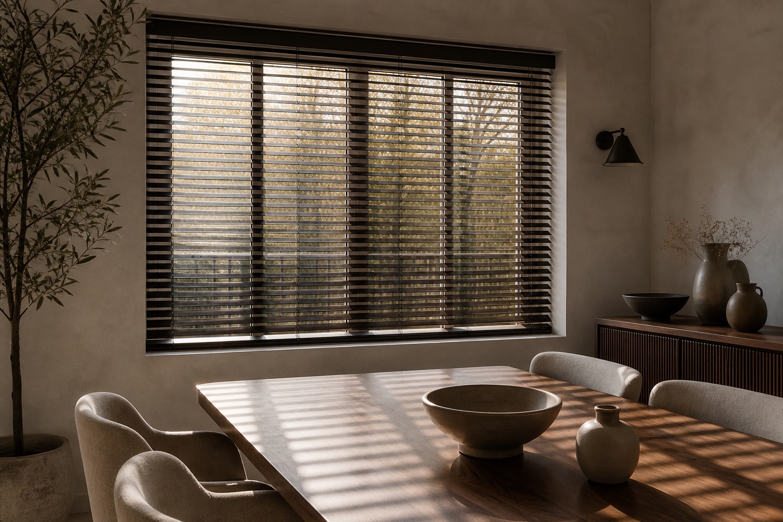 Venetian blinds shaping daylight in a dining room