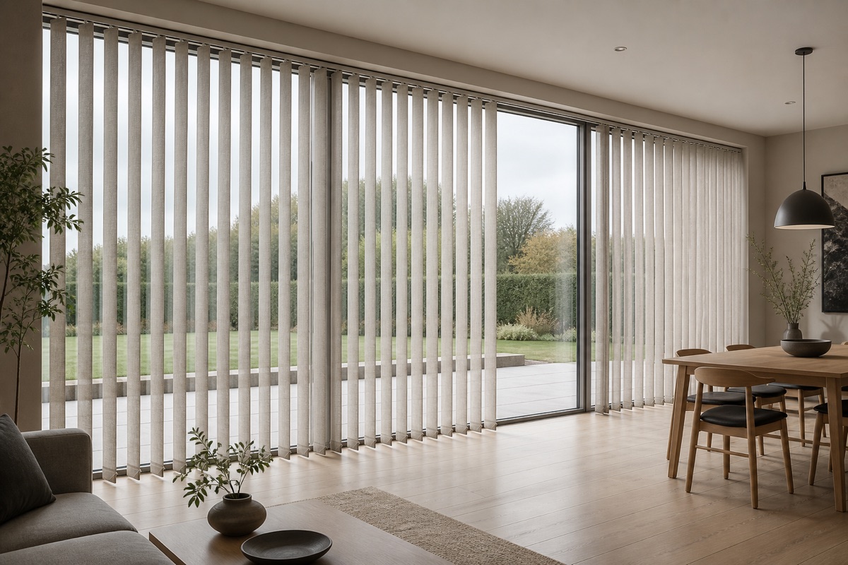 Vertical blinds spanning wide patio glazing in a modern living and dining room