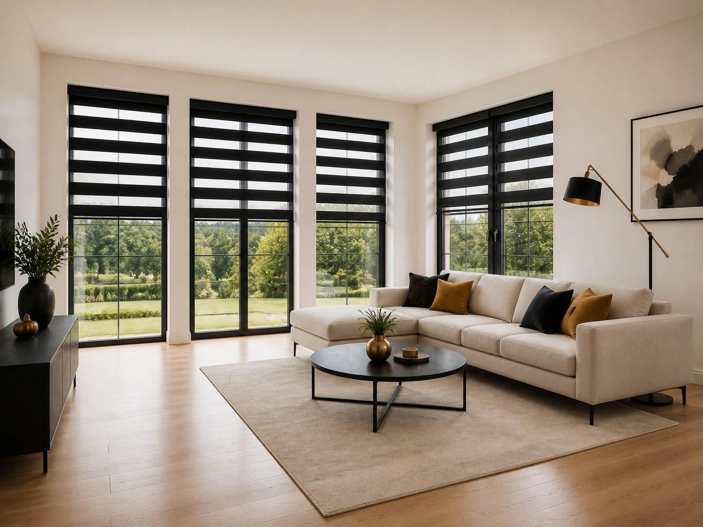 day and night blinds fitted in a bright, contemporary living room