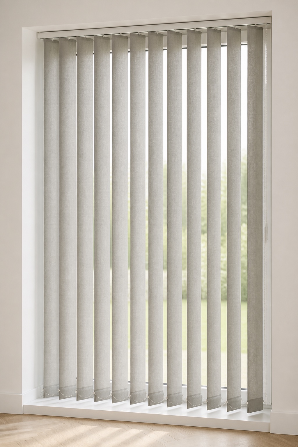 Soft grey vertical blinds covering a full-height glazed opening
